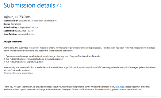 Microsoft got back! Sojour is NOT a virus :)